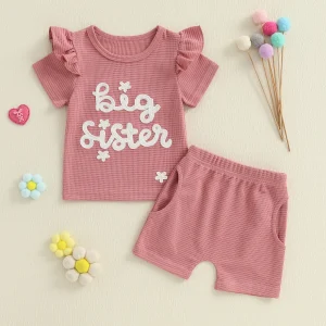 Toddler Girls 2 Piece Outfits Short Sleeve O Neck Letter Flower Embroidery